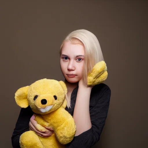 Prompt: a photorealistic photo of a young 2 4 year old woman with short dyed yellow hair, holding a build a bear stuffed animal, while staring into the camera with brown eyes, wide angle shot, she looks alternative or indie, she is in an interesting place, 4 k