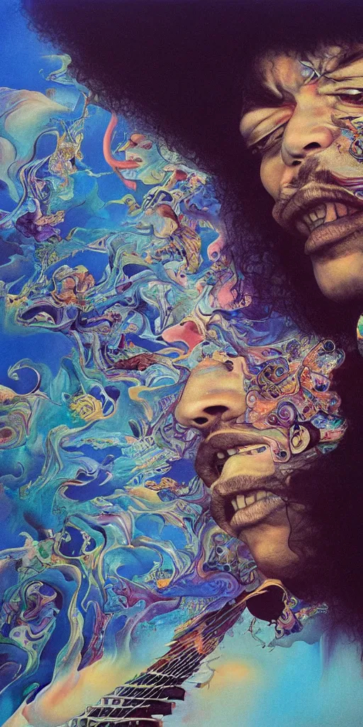 Image similar to ultrawide angle colour masterpiece surreal closeup portrait photography of jimi hendrix playing on stage by miho hirano and annie leibovitz and michael cheval, weird surreal epic psychedelic complex biomorphic 3 d fractal landscape in background by kilian eng and roger dean and salvador dali and beksinski, 8 k