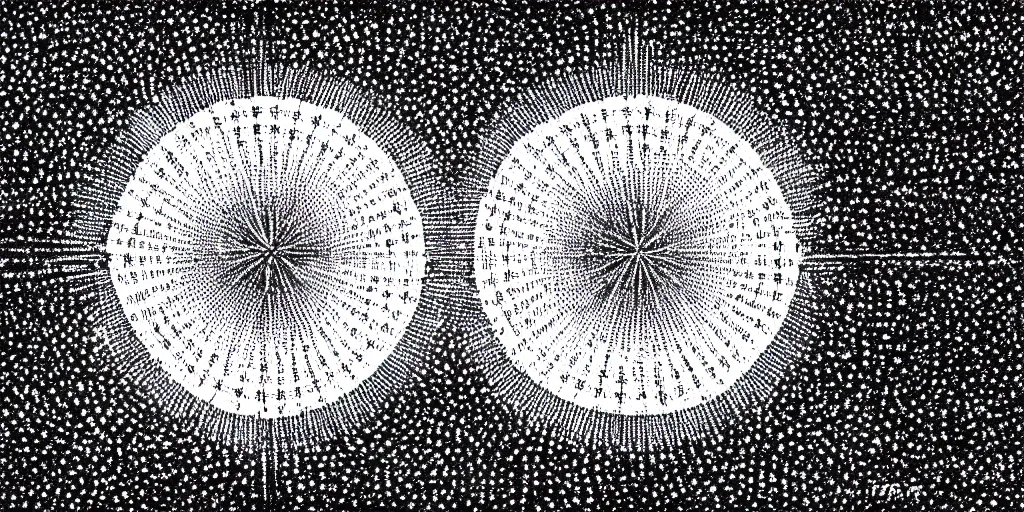 Image similar to Black and white engraving of a space scape. a star surrounded glittering debris. islamic geometry. geometric patterns. pointillism.