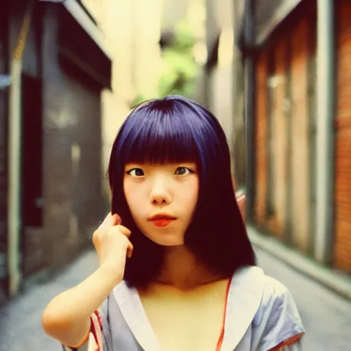 Image similar to 1990s perfect 8K HD professional photo of close-up japanese schoolgirl posing in sci-fi dystopian alleyway, at instagram, Behance, Adobe Lightroom, with instagram filters, depth of field, taken with polaroid kodak portra