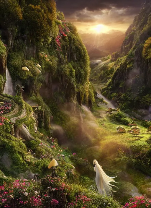 Prompt: an elegant winged fairy flying in the lord of the rings scenery landscape, looking out at a vast lush valley flowers and homes made of mushrooms, stream, sunrise, god's rays highly detailed, vivid color, cinematic lighting, perfect composition, 8 k, gustave dore, derek zabrocki, greg rutkowski, belsinski, octane render