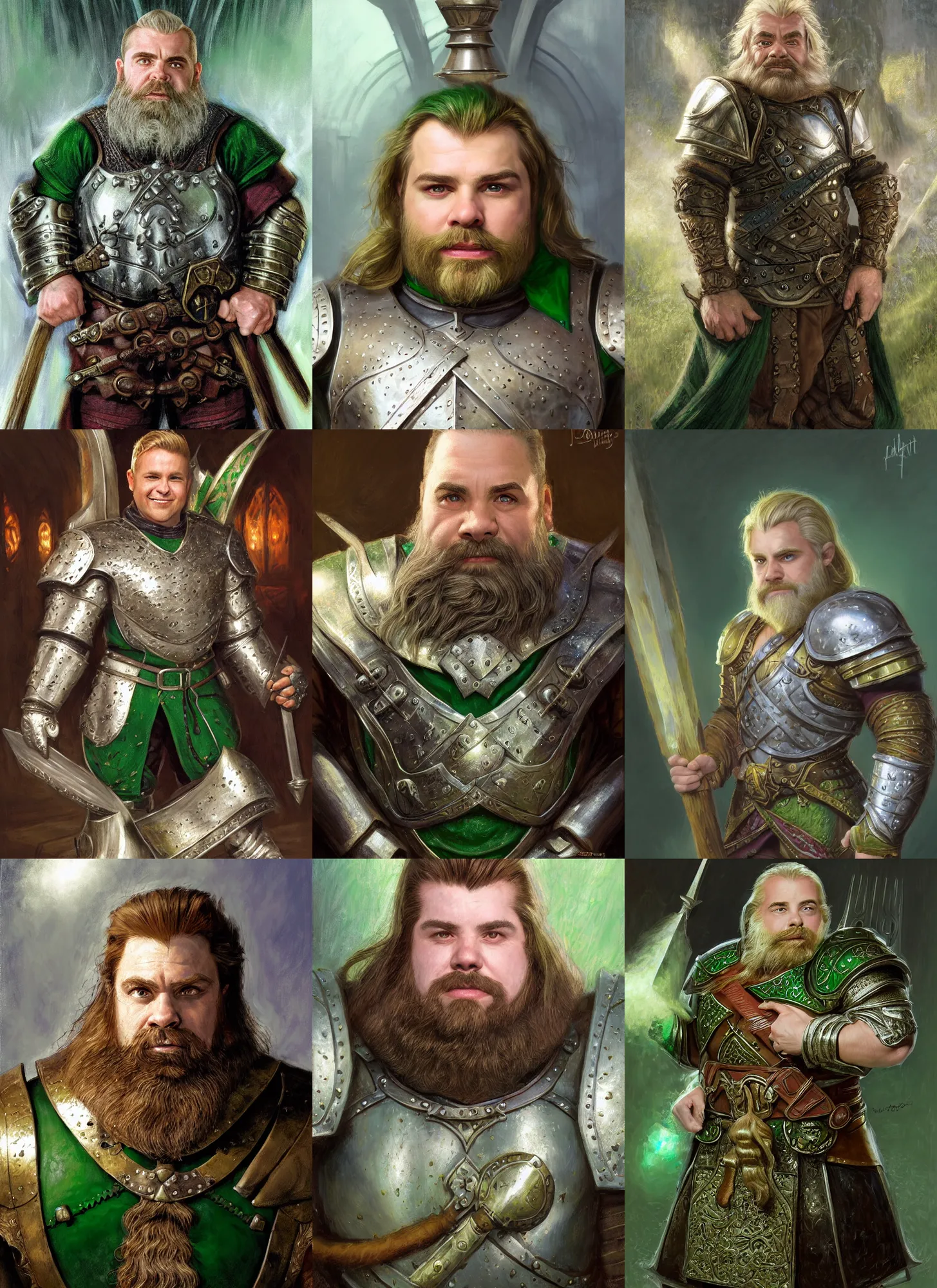 Prompt: portrait, fantasy beardless dwarf cleric, young adult, no beard, short blonde hair combed to one side, silver and emerald breastplate, clean shaven, slightly smirking, style by donato giancola, wayne reynolds, jeff easley dramatic light, high detail, cinematic lighting, artststion, dungeons and dragons