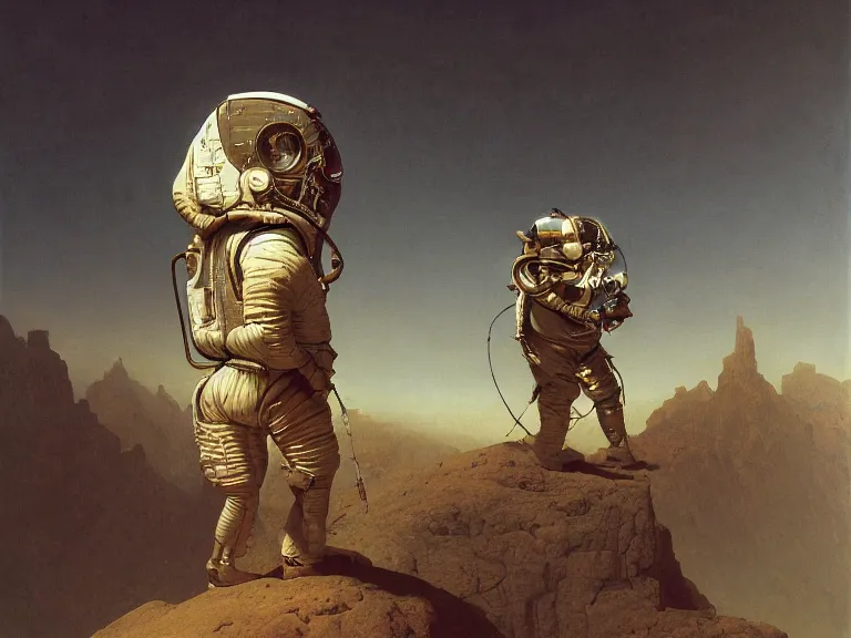 Image similar to a detailed profile painting of an explorer in a spacesuit with reflective visor, symmetrical and science fiction theme by beksinski carl spitzweg and tuomas korpi. baroque elements, full-length view. baroque element. intricate artwork by caravaggio. Trending on artstation. 8k