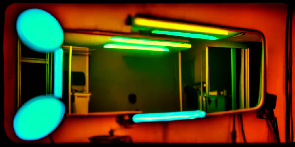 Image similar to mirror, neon lights, dirty, ektachrome photograph, volumetric lighting, f 8 aperture, cinematic eastman 5 3 8 4 film