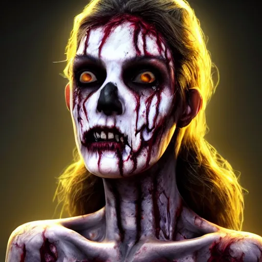 Prompt: high-quality centered portrait of an undead female zombie with a short thick nose and face warpaint, rough dark dirty skin showing the thin veins underneath, glowing slanted upturned yellow eyes::Octane render, trending on artstation, featured on behance, unreal engine::dramatic lighting, volumetric lighting, Global Illumination::art by James Christensen and Artgerm and Sophie Anderson and Eddie Mendoza