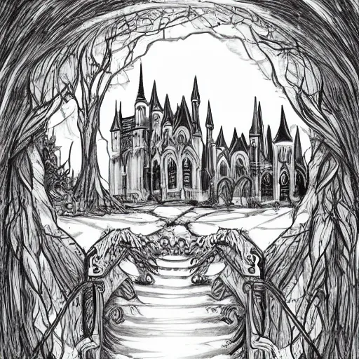 Prompt: beautiful gothic castle landscape in the style of sketchy drawing