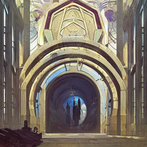 Image similar to immense art deco archway leading into byzantine arcology with studio ghibli wooden homeless medieval Hong Kong built into it, science fiction concept art by greg rutkowski and wayne barlowe and alphonse mucha