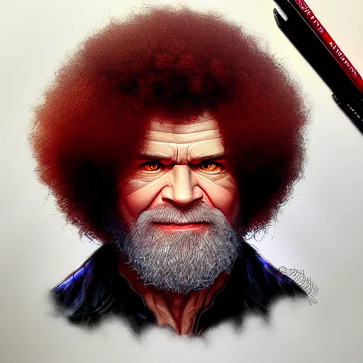 Image similar to Portrait of an evil looking Bob Ross, hairs of red flames, fantasy, D&D, intricate, highly detailed, digital painting, trending on artstation, sharp focus, illustration, style of Stanley Artgerm