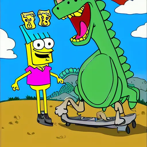 Prompt: spongebob riding a dinosaur, cartoon style