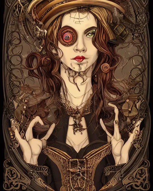 Image similar to a detailed portrait illustration of a steampunk witch - necromancer. distinguished face. random gender. art nouveau, pop art, comic book style. influenced by neil gaiman, h. p. lovecraft, tim burton, brian froud, vadim voitekhovitch, killian eng, ross tran.