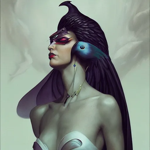 Prompt: character portrait of a modest robed dark raven angel with iridescent black raven wings, by Peter Mohrbacher, Mark Brooks, Jim Burns, Marina Abramović, Greg Rutkowski, trending on Artstation