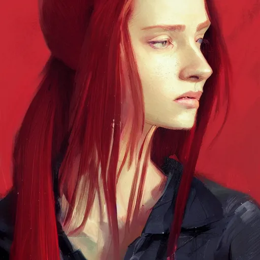 Image similar to Portrait of a woman by Greg Rutkowski, she is about 20 years old, redhead, long straight hair, beautiful oval face, wearing red and black utilitarian jumpsuit, older sister vibes, highly detailed portrait, digital painting, artstation, concept art, smooth, sharp foccus ilustration, Artstation HQ.