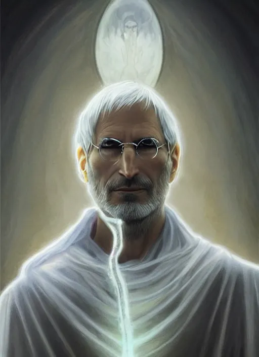 Image similar to Portrait of Steve Jobs, white glowing eyes, silver shaggy hair, cloak, ethereal wings, male, fantasy, extremely detailed, digital painting, artstation, concept art, smooth, sharp focus, illustration, stunning lighting, art by artgerm and greg rutkowski and alphonse mucha and simon stalenhag, realistic character concept, high fantasy, light atmosphere, golden ratio, cinematic lighting, hyperdetailed, high resolution, insanely detailed and intricate, artstation, Marc Simonetti, Greg Rutkowski, 8k