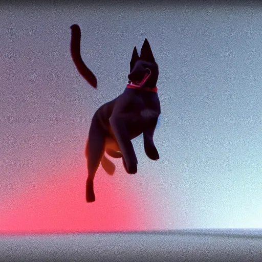 Prompt: my gsd puppy gets the zoomies, high energy, frenetic craziness, running, jumping, chasing, 3 d octane render, imax 7 0 mm, rtx,