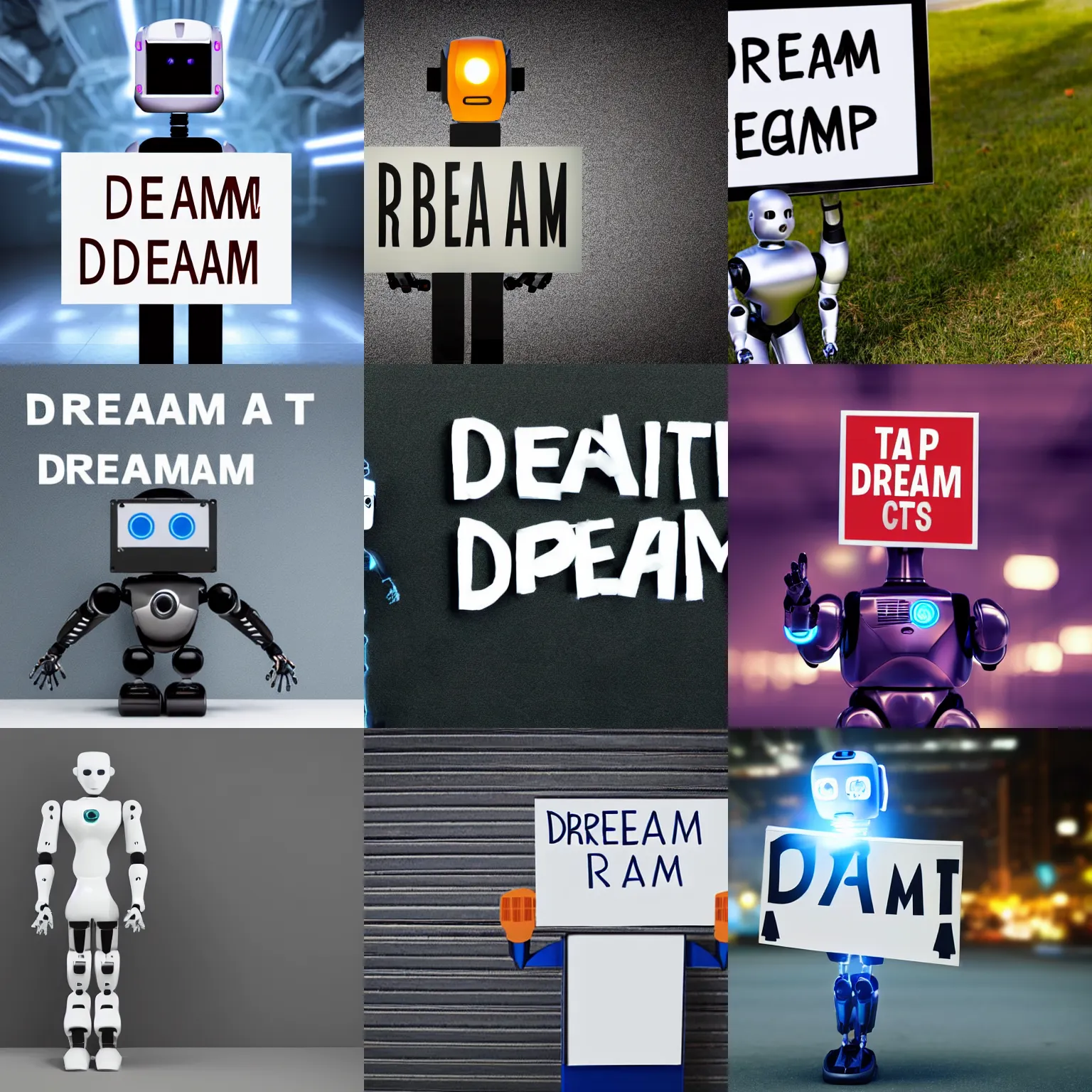 Image similar to artificial intelligence robot holding a sign with text that reads : dream