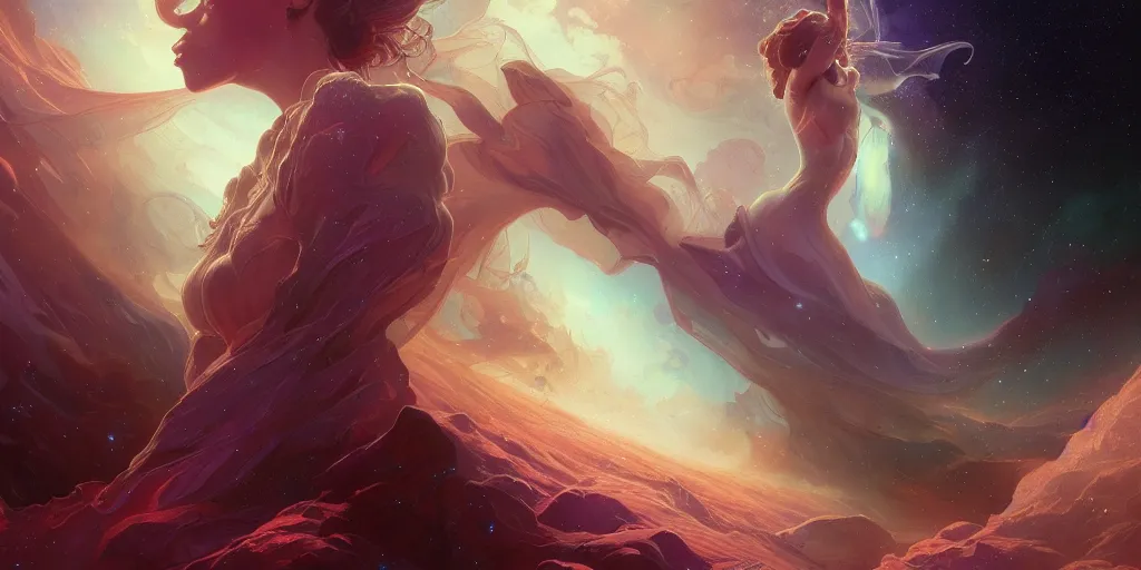 Image similar to vast nebula, ultra realistic illustration, alanis guillen, intricate, elegant, highly detailed, digital painting, artstation, concept art, smooth, sharp focus, illustration, art by artgerm and greg rutkowski and alphonse mucha