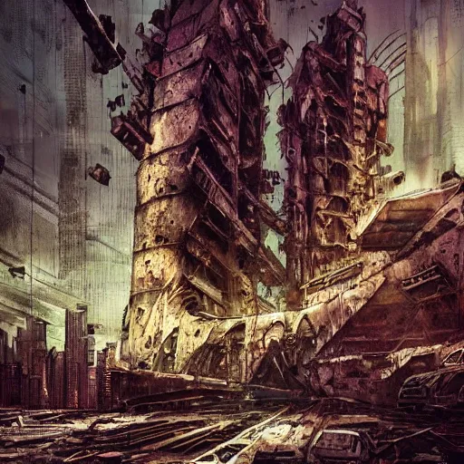 Image similar to abandoned ruined futuristic mega city, gothic art, color, detailed, eerie, emotional, sad, highly detailed, sharp focus, motherboard, Artstation, deviantart, artgem, insane detail, watercolor, golden ratio, n the style of Heavy Metal Comics