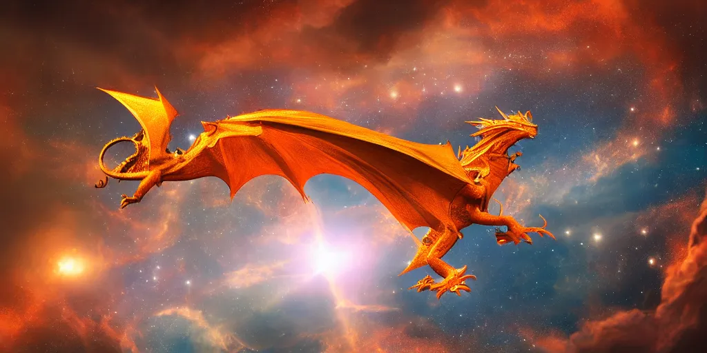 Prompt: photo of dragon in space, beautiful light, sharp focus, elegant, cinematic, higlhy detailed, 8 k, photorealistic