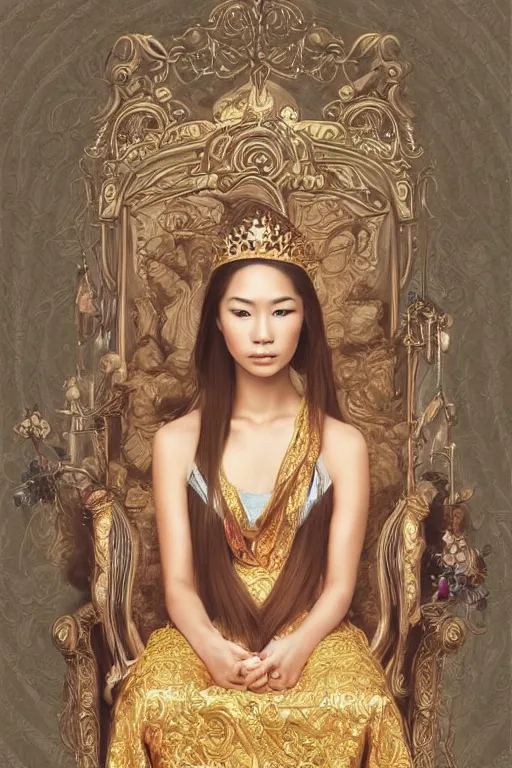 Prompt: portrait of a beautiful young asian woman with shoulder length hair and strong facial bone structure, queen and ruler of the universe, sitting on her throne, young men kneeling at her feet, digital painting, highly detailed, intricate, elegant, hyperrealism, trending on artstation, art by tara phillips