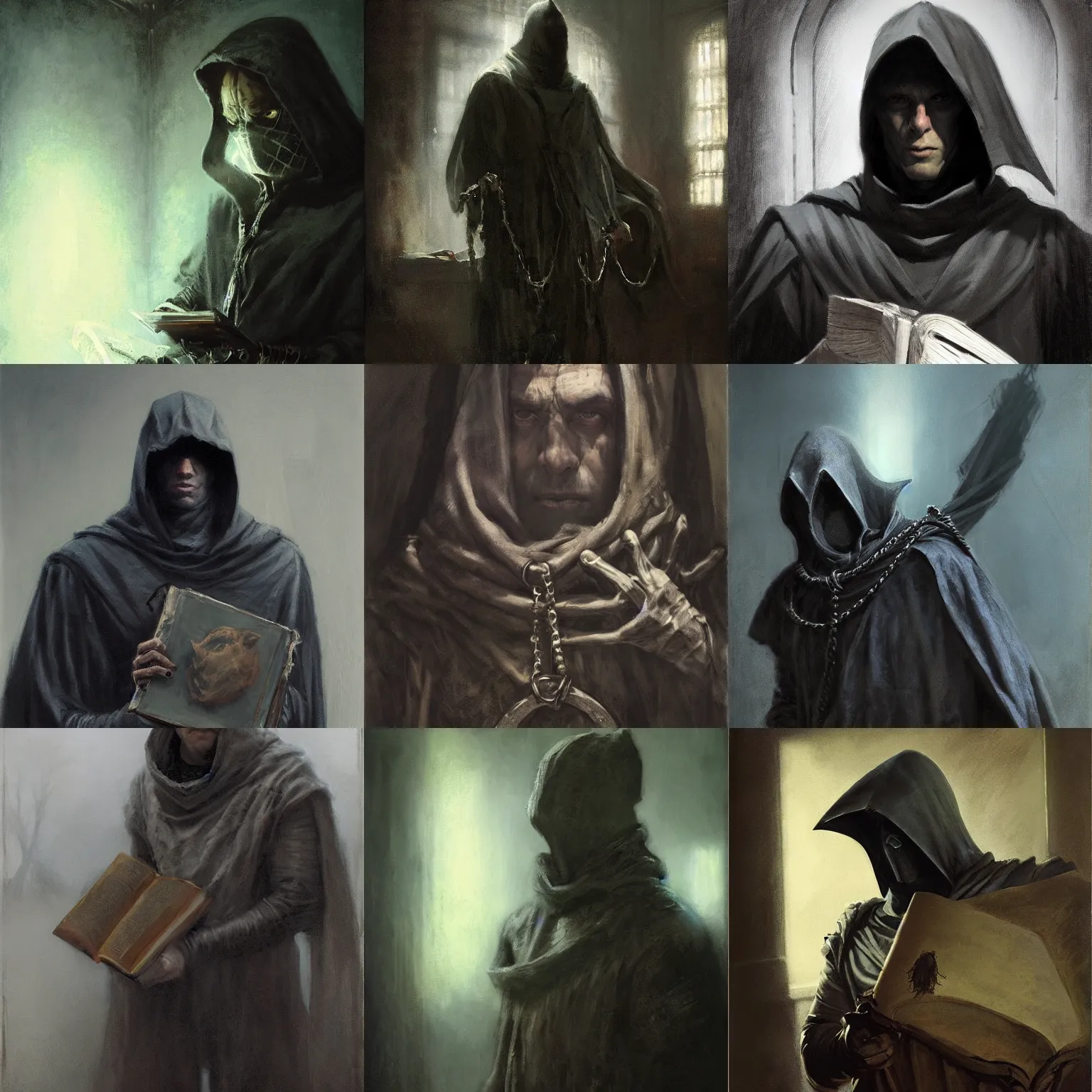 Prompt: portrait of man wearing a closed cowl, nazgul, big old book chained to the wrist, by jeremy mann, by gerald brom, by jeff easley, face in the shadows, mysterious atmosphere, high detailed, 8 k