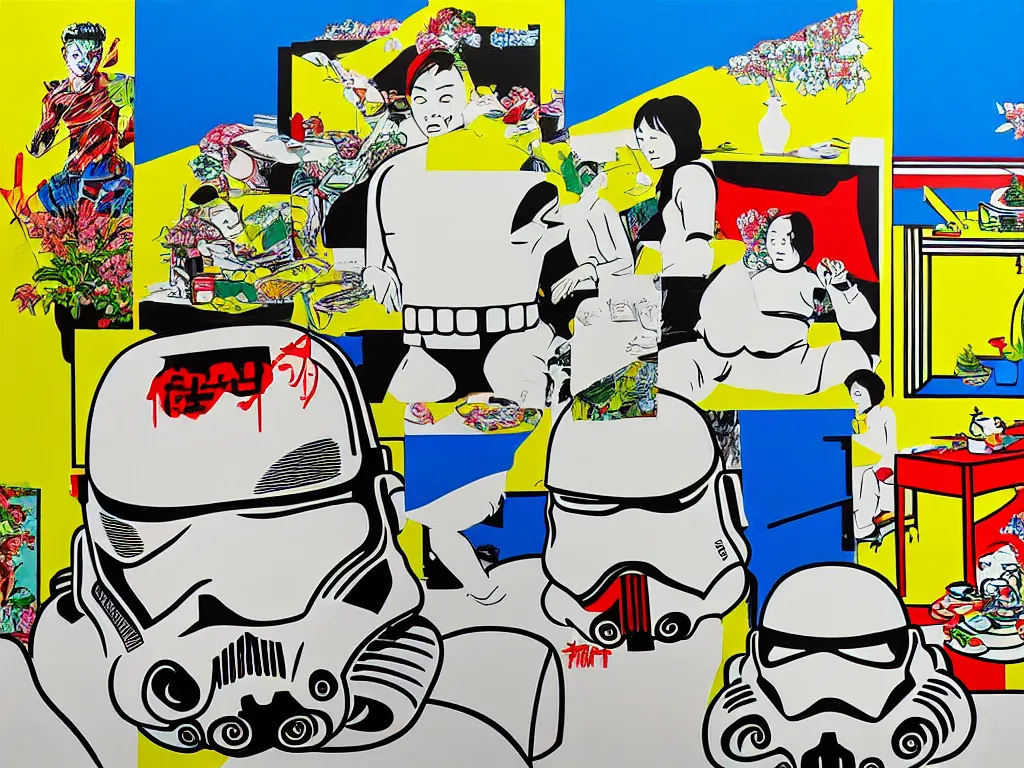 Image similar to hyperrealism composition of the asian home with a garden, stormtrooper in hot springs, pop - art style, jacky tsai style, andy warhol style, roy lichtenstein, acrylic on canvas