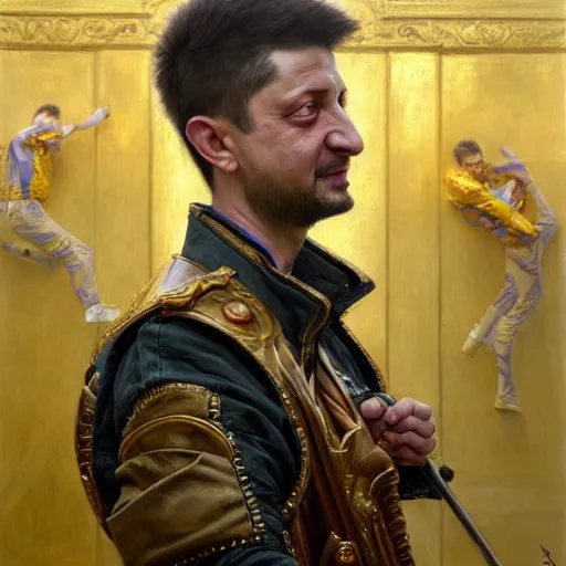 Image similar to highly detailed full portrait of volodymyr zelensky, art by donato giancola and ruan jia and carl larsson and magali villeneuve. trending on artstation, intricate details, energetic composition, golden ratio, concept art, illustration, elegant art