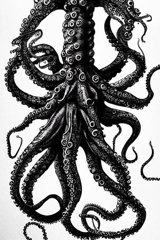 Image similar to black ink on paper, alien octopus, trending on artstation, beautiful, intricate, detailed