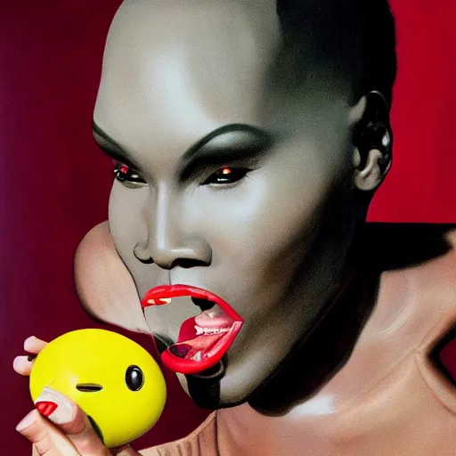 Prompt: beautiful lifelike painting of grace jones feeding her bioenhanced tamagotchi child, hyperreal detailed facial features and uv lighting, art by ed roth and basil wolverton