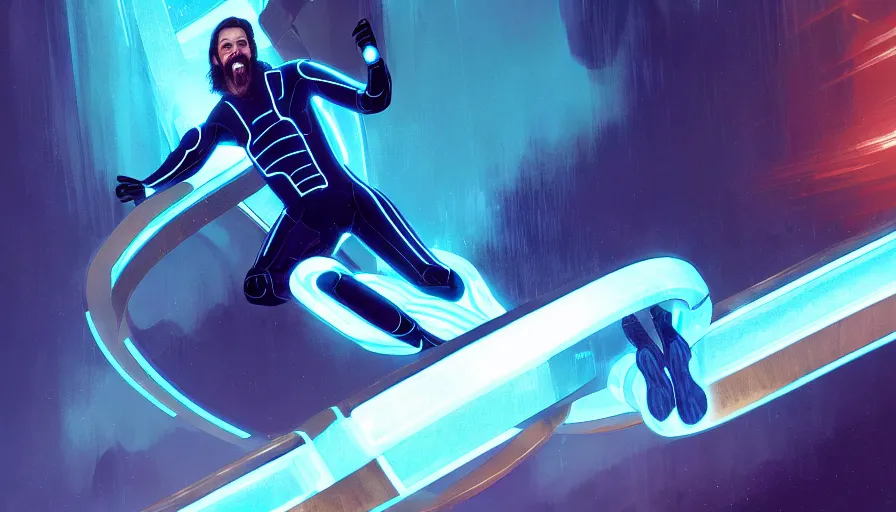 Prompt: tron legacy jesus riding waterslide, face closeup, laughing, diffuse lighting, hyper realistic, concept art, intricate, hyper detailed, smooth, sharp focus, illustration, trending on artstation, art by greg rutkowski and james gurney and alphonse mucha