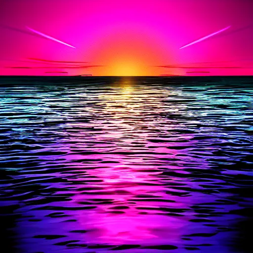 Prompt: A synthwave style sunset above the reflecting water of the sea, concept art