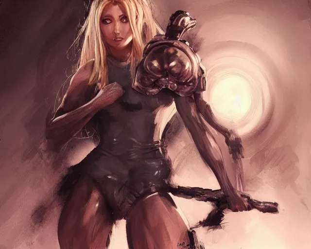 Image similar to portrait of samus aran as a female bodybuilder medieval witch, elegant, fantasy, hd shot, digital portrait, beautiful, artstation, comic style, by artgerm, guy denning, jakub rozalski, magali villeneuve and charlie bowater