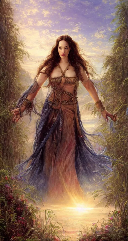 Prompt: Concept Art of cinematography of Terrence Malick film stunning portrait of featuring Kat Dennings as an ancient babylonian priestess, looking at camera, full body portrait, by Thomas Kindkade, masterpiece, Met, award winning, incredible, perfect structure