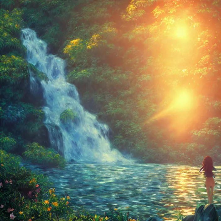 Image similar to an epic makoto shinkai and renoir landscape with a hawaiian waterfall, golden hour, 🌺, ultra smooth, lois van baarle, ilya kuvshinov, unreal engine, blender, trending on artstation, suntur, caleb worcester, highly detailed, photorealism, bloom effect 8 k