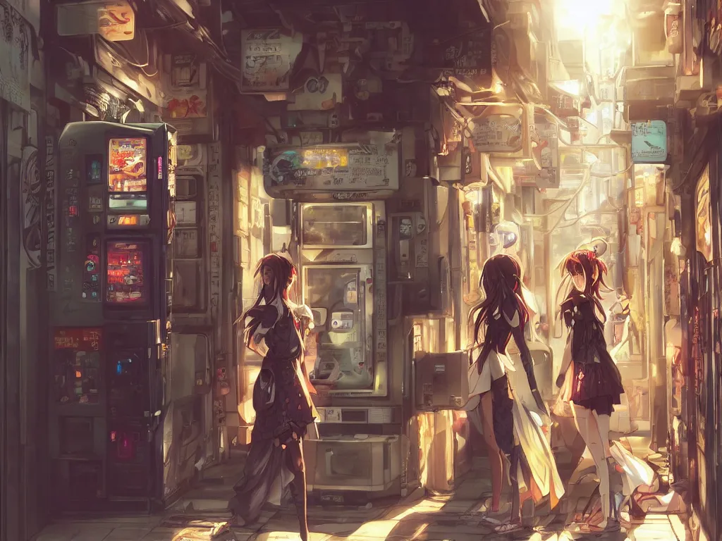 Prompt: Two beautiful anime girls, standing in front of a vending machine outside of a Japanese convenience store, in narrow Tokyo alleyway, gorgeous sunlight and shadows, D&D, fantasy, highly detailed, digital painting, artstation, concept art, sharp focus, illustration, in style of GUWEIZ and WLOP and NIXEU and Craig Mullins