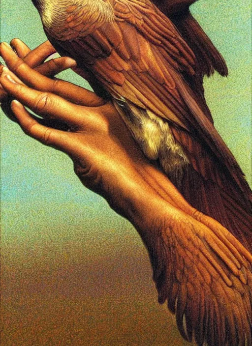 Image similar to a bird with two human hands, hyperrealism, no blur, 4 k resolution, ultra detailed, style of carlos schwabe