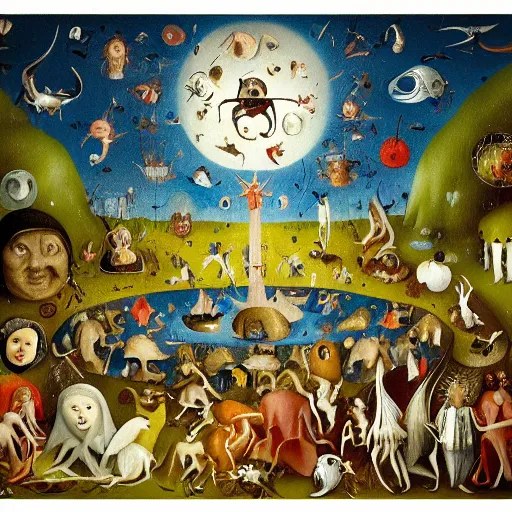 Prompt: garden of earthly delights by hieronymus bosch, animated in the style of pendleton ward, adventure time, bright and colorful