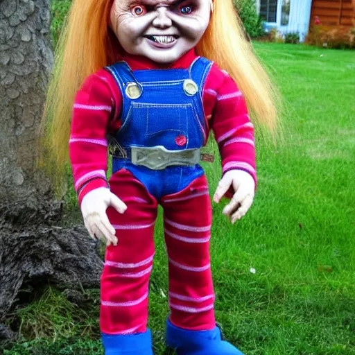 Image similar to Chucky the killer doll standing out in the yard