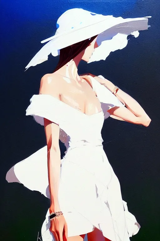 Image similar to a ultradetailed beautiful painting of a stylish woman wearing a white dress with a sun hat, by conrad roset, greg rutkowski and makoto shinkai trending on artstation