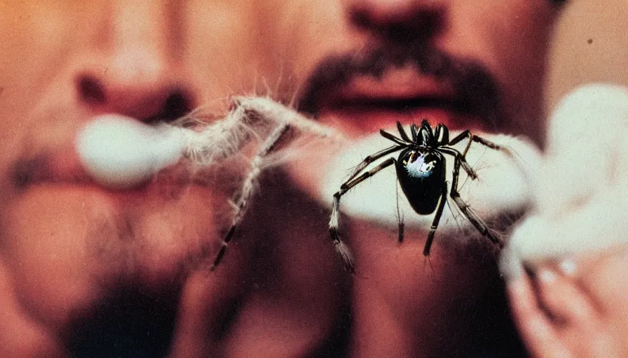 Prompt: 7 0 s movie still of a man with a spider in the mouth, cinestill 8 0 0 t 3 5 mm eastmancolor, heavy grain, high quality, high detail