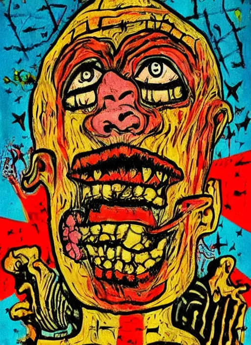 Image similar to a horror mad portrait of extraterrestrial art brut by a psycho man, full color outsider crazy marginal art