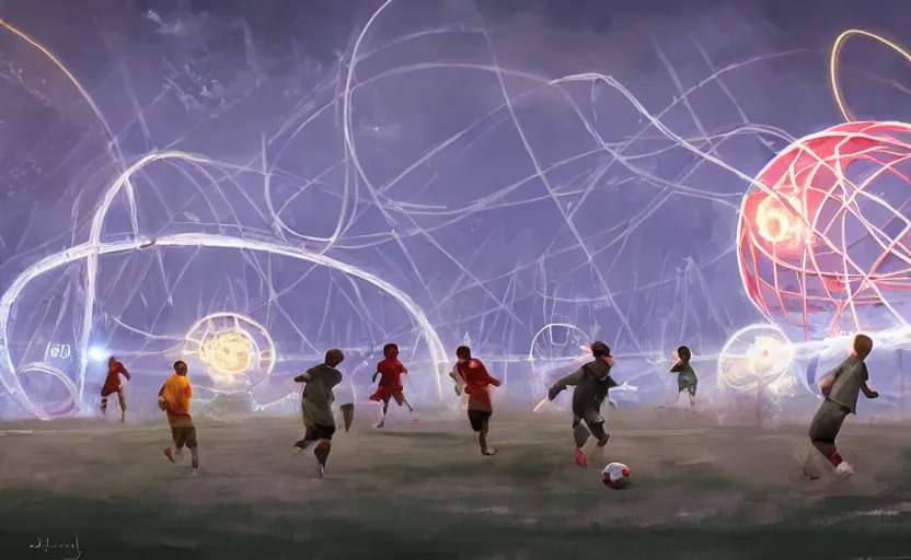 Prompt: young boys playing football and a spiral - shaped white luminous attractor is floating on the horizon in soviet city, concept art, art for the game, professional lighting, art by jehronym bosch