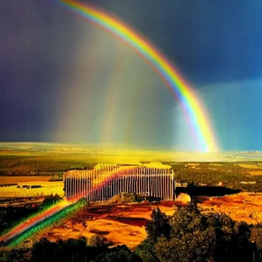 Image similar to A Masterpiece Landscape of a broken down nuclear power station, Nuclear blast imminent, nuclear reactor going critical. Rainbow Color Scheme