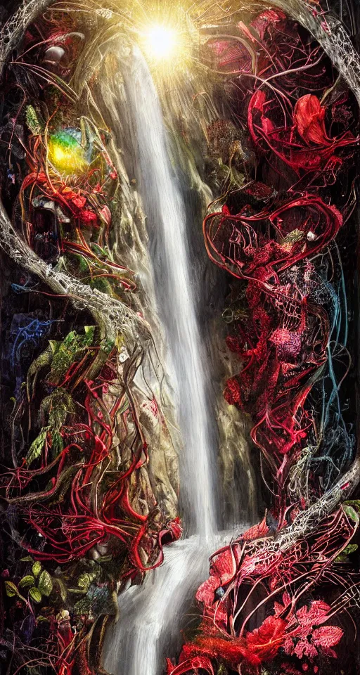 Prompt: cinema 4d colorful render, organic, ultra detailed painting of a waterfall , scratched, biomechanical cyborg, syringes, beaming shining light, analog, macro lens, cathedral, beautiful natural soft rim light, blood, veins, sicko, winged insects and stems, roots, fine foliage lace, red and black details, Rick Owens, art nouveau fashion embroidered, intricate details, mesh wire, computer components, motherboard, floppy disk eyes,mandelbrot fractal, anatomical, facial muscles, cable wires, elegant, hyper realistic, in front of dark flower and feather pattern wallpaper, ultra detailed, 8k post-production