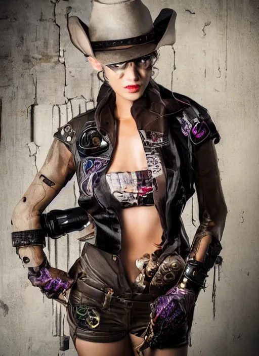 Image similar to full body photograph of a cyberpunk cowgirl beautiful face, intricate clothing, cinematic