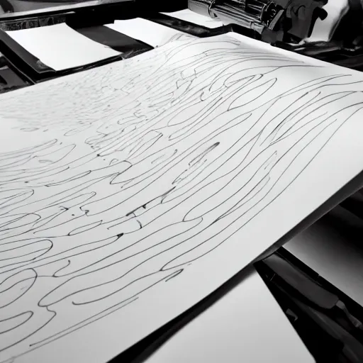 Image similar to high quality art of a printer printing out a long sheet of paper covered with writing, floating in space, trending on artstation