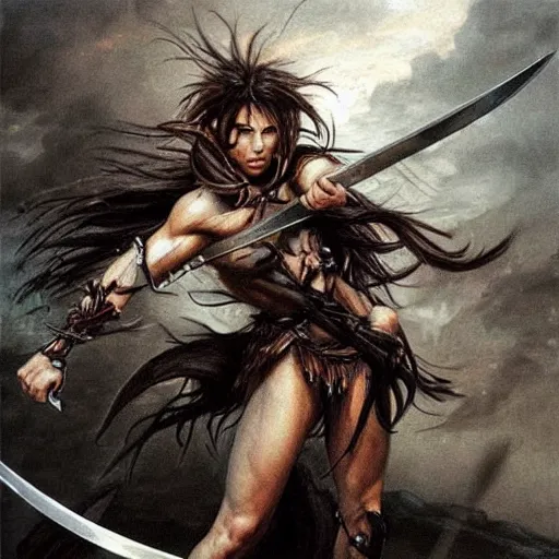 Image similar to realistic art style, warrior girl, muscular girl, wild spiky black hair, long spiky hair, electrified hair, holding scimitar made of bone, scimitar, sword, jagged sword, curved sword, orkish sword, colorized, gray skin, hyper - detailed, primeval fantasy, prehistoric fantasy, art by jacques - louis david