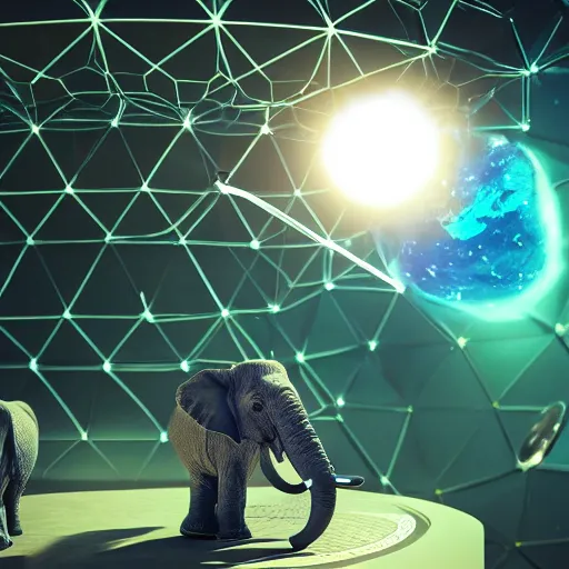 Image similar to a hyperrealistic 3D octane render of an elephant wearing virtual reality goggles playing a synthesizer inside of a geodesic dome planetarium with planets and galaxies, trending on artstation, 8k, 4K, dramatic lighting, glowing, volumetric lighting, ray tracing, unreal engine