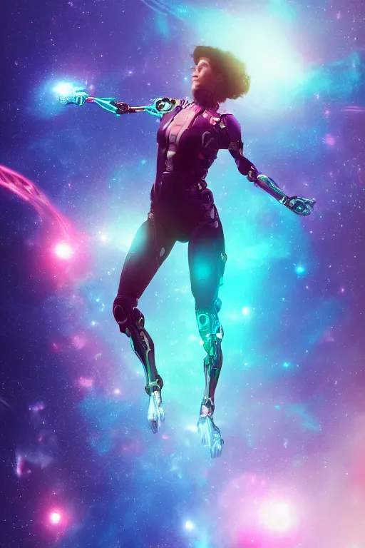 Prompt: woman cyborg floating in space letting go of reality and experiencing the quantum feild, matte painting comic book art, cinematic, highly detailed, realistic, beautiful cosmic neural network, octane render, unreal engine, depth of field, trending on artstation, sharp focus, philosophical splashes of colors