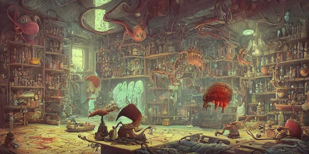 Prompt: a beautiful and highly detailed painting of an aaahh!!! Real Monsters apothecary by James Gurney and beeple | Unreal Engine: .4 | graphic novel, illustration: .5