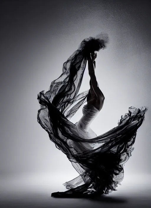 Image similar to a Photorealistic dramatic hyperrealistic render of a glamorous beautiful Female smoke dancer by Ken Brower and Deborah Ory of NYC Dance project,Lois Greenfield,Flowing cloth and smoke,Beautiful dynamic dramatic dark moody lighting,volumetric,shadows,cinematic atmosphere,Octane render,8K